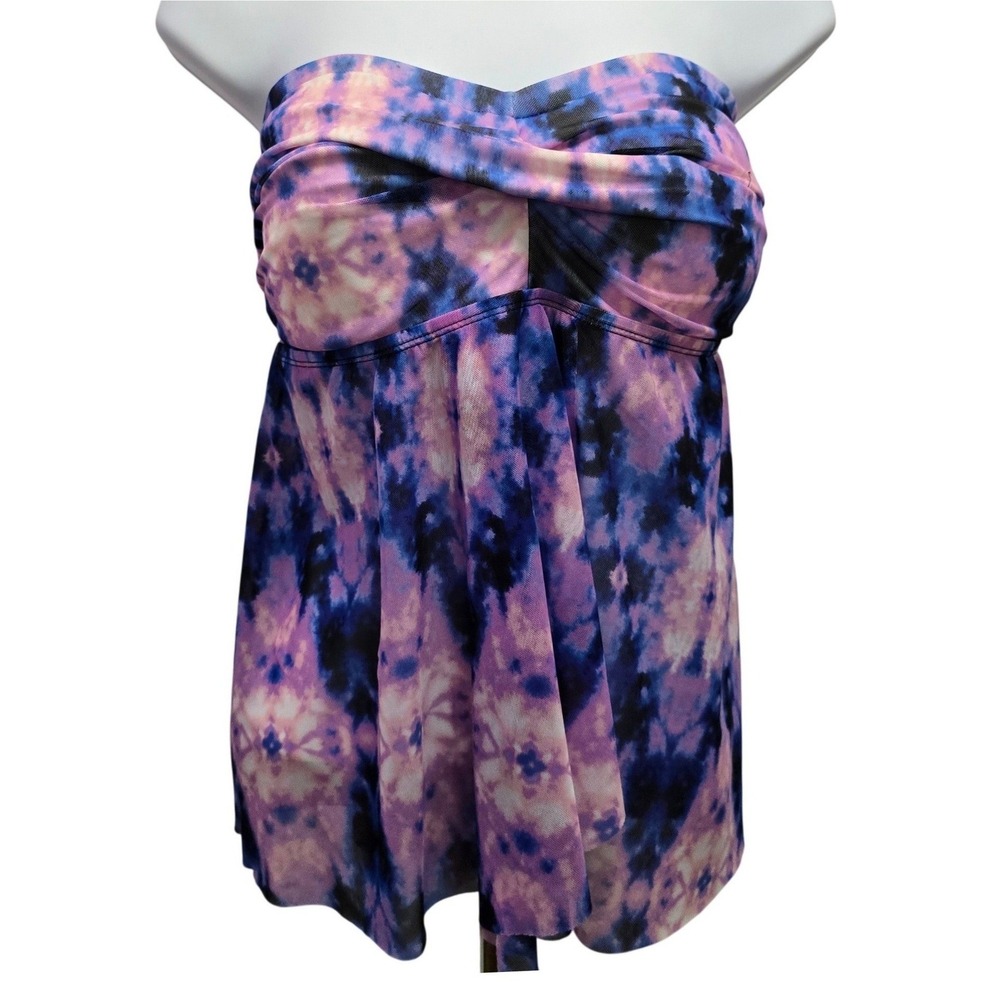 Women 14W Tie Dye Twist Front Strapless Flowy Top Purple Pink Blue Mesh Festival